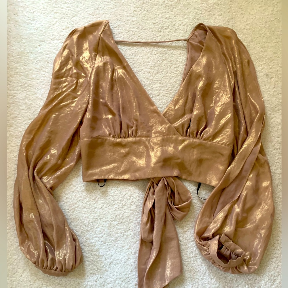 Gold shimmer crop top with butterfly long sleeves